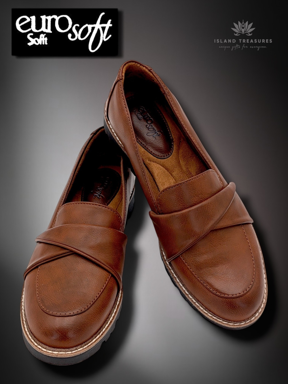 Eurosoft by Sofft Leia Sz 9M Women's Brown Faux Leather Crossover Loafers Flats